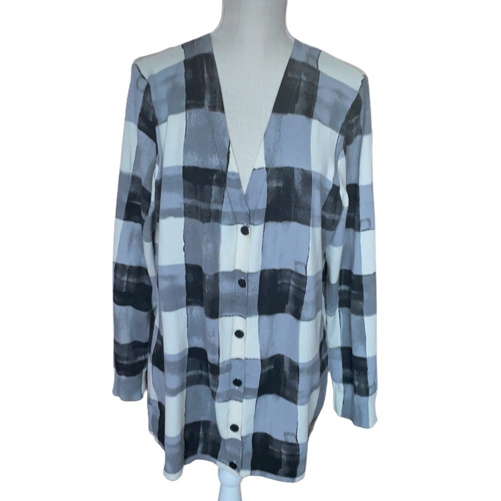 Isaac Mizrahi Black White Gray Buffalo Patchwork  Cardigan  Sweater - L